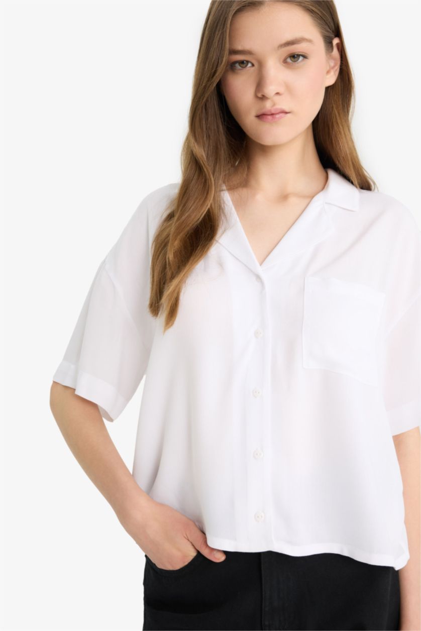 WOMAN White Crop Pyjamas Collar Short Sleeve Shirt