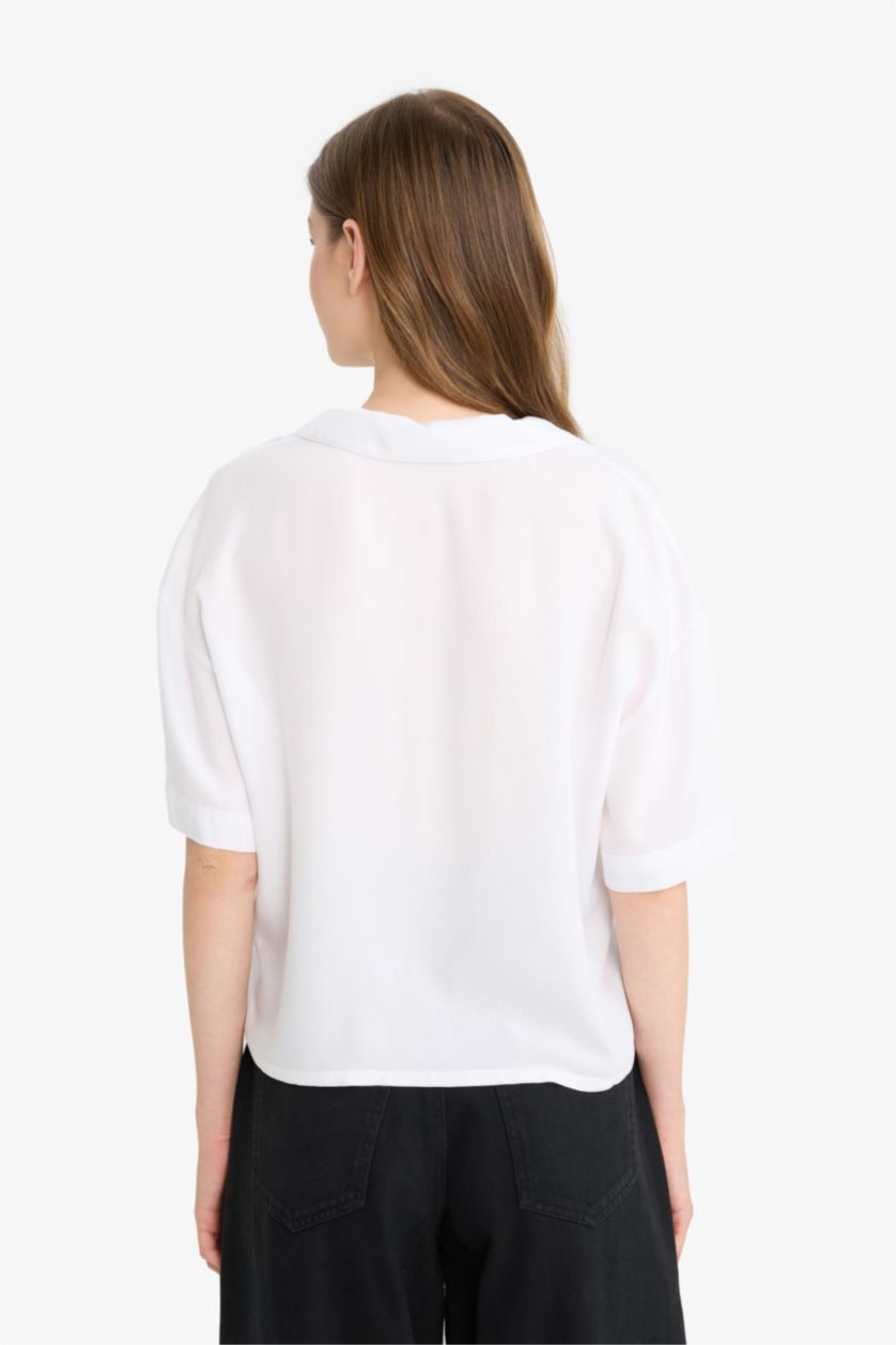 WOMAN White Crop Pyjamas Collar Short Sleeve Shirt