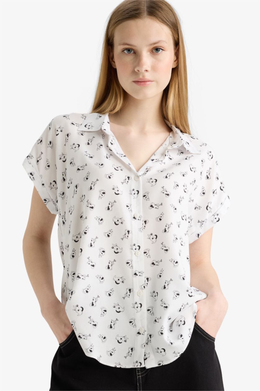 WOMAN White Regular Fit Shirt Collar Viscose Short Sleeve Shirt