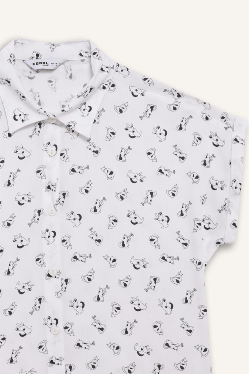 WOMAN White Regular Fit Shirt Collar Viscose Short Sleeve Shirt