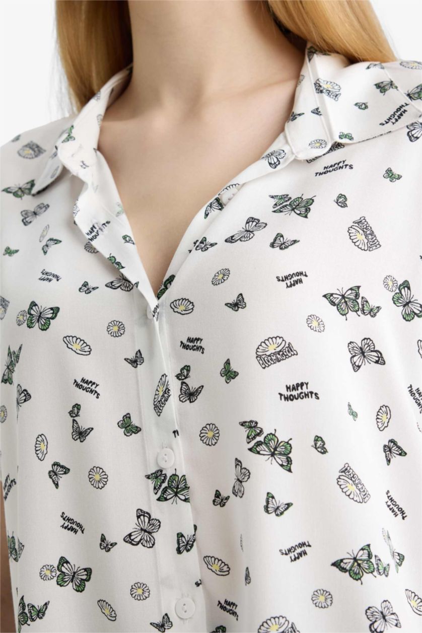 حريمي أبيض قميص ابيض نص كم مطبوع فيسكوز قصة عادية