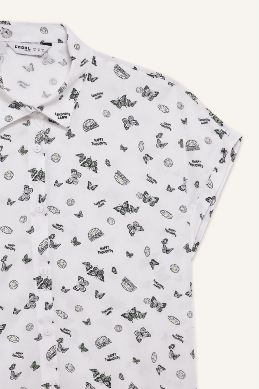 حريمي أبيض قميص ابيض نص كم مطبوع فيسكوز قصة عادية