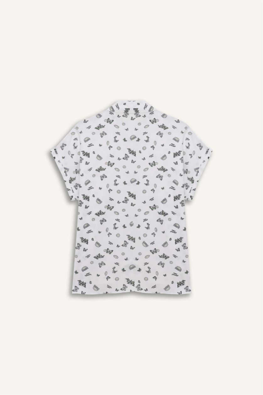 حريمي أبيض قميص ابيض نص كم مطبوع فيسكوز قصة عادية