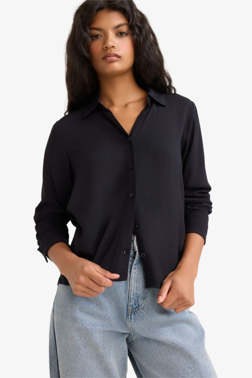 WOMAN Black Regular Fit Shirt Collar Long Sleeve Shirt