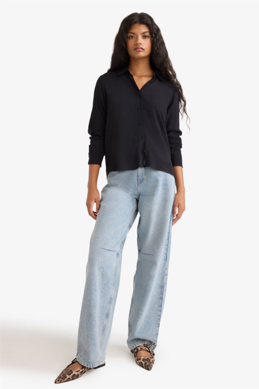 WOMAN Black Regular Fit Shirt Collar Long Sleeve Shirt