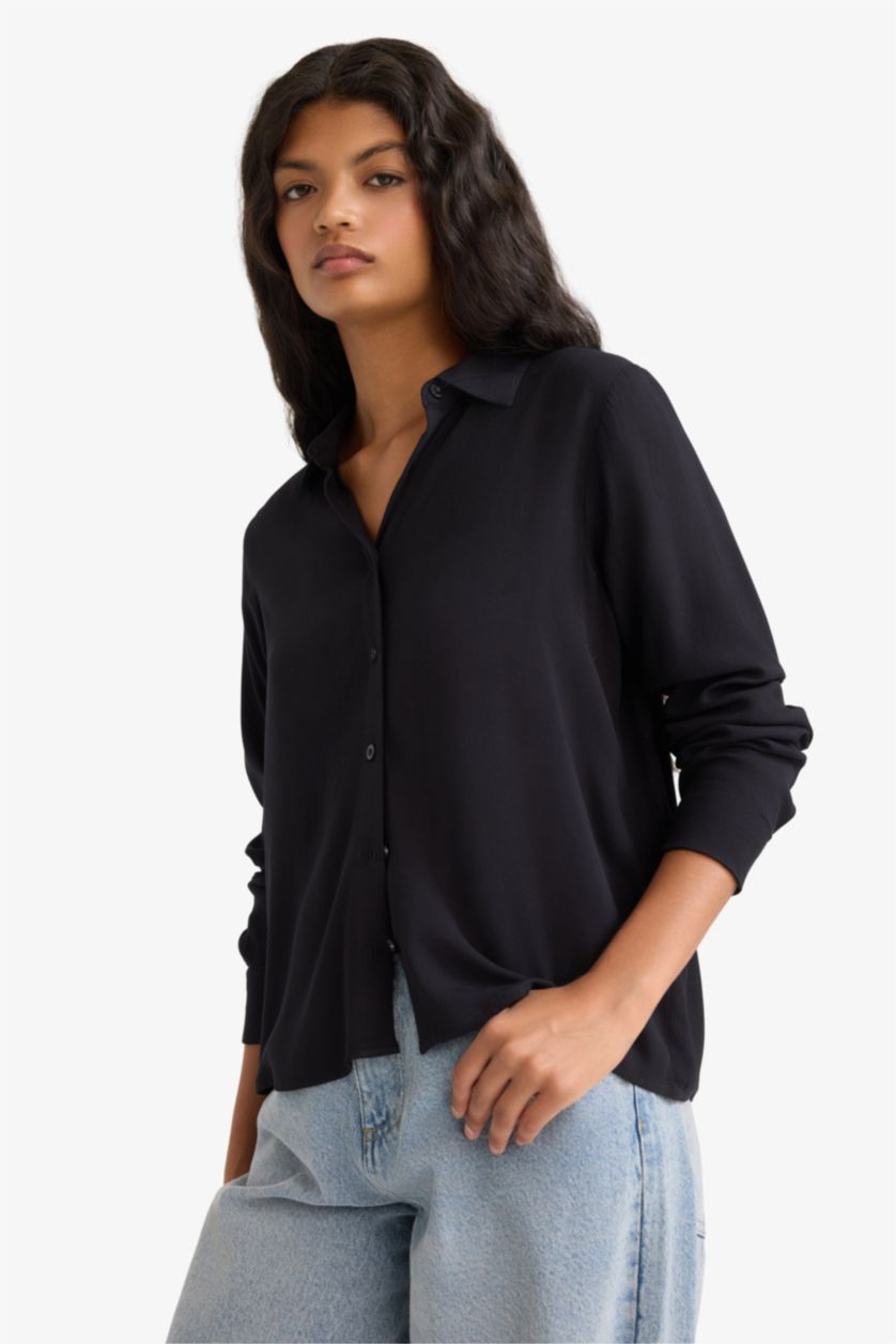 WOMAN Black Regular Fit Shirt Collar Long Sleeve Shirt