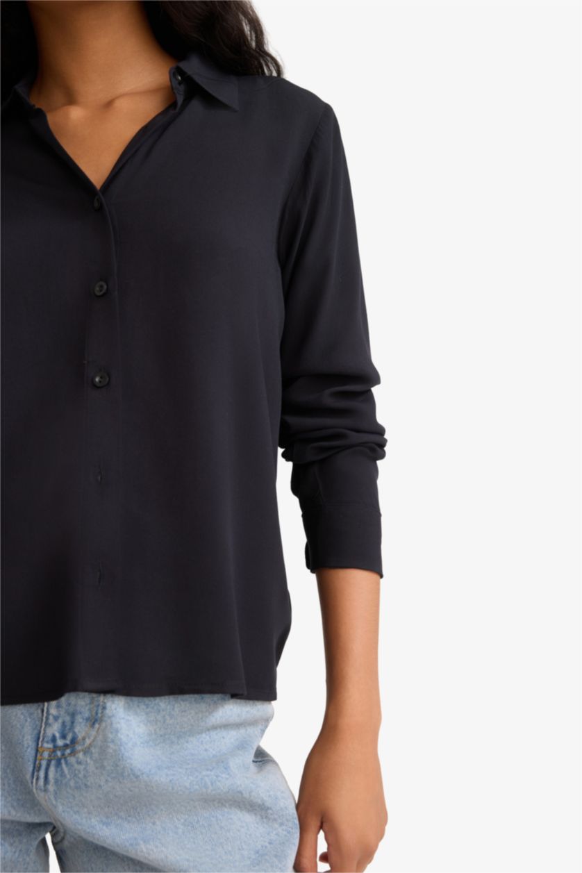 WOMAN Black Regular Fit Shirt Collar Long Sleeve Shirt