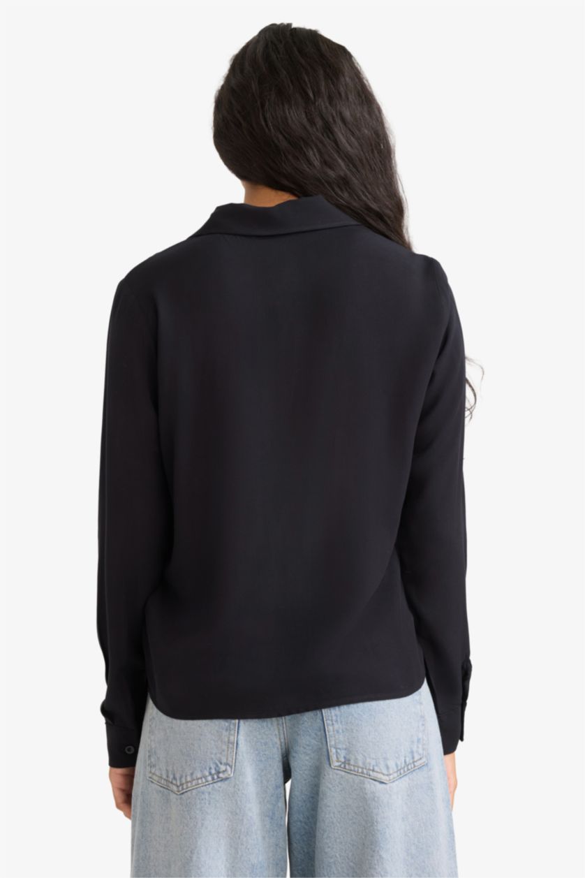 WOMAN Black Regular Fit Shirt Collar Long Sleeve Shirt