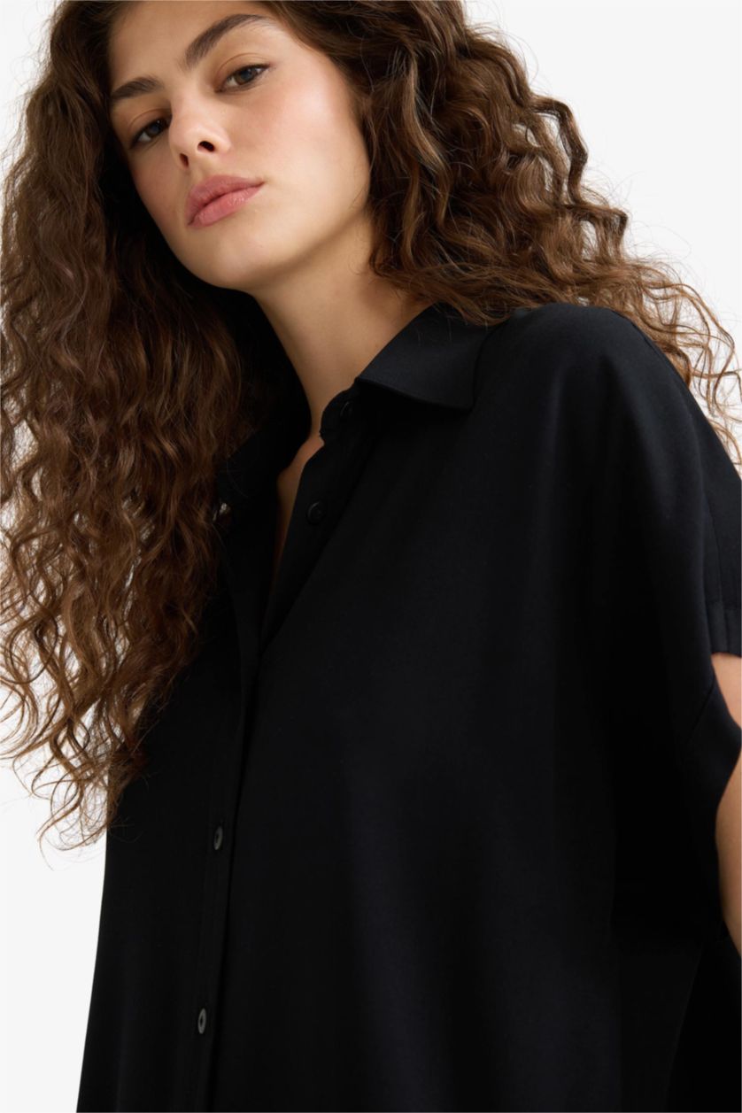 WOMAN Black Regular Fit Shirt Collar Viscose Short Sleeve Shirt