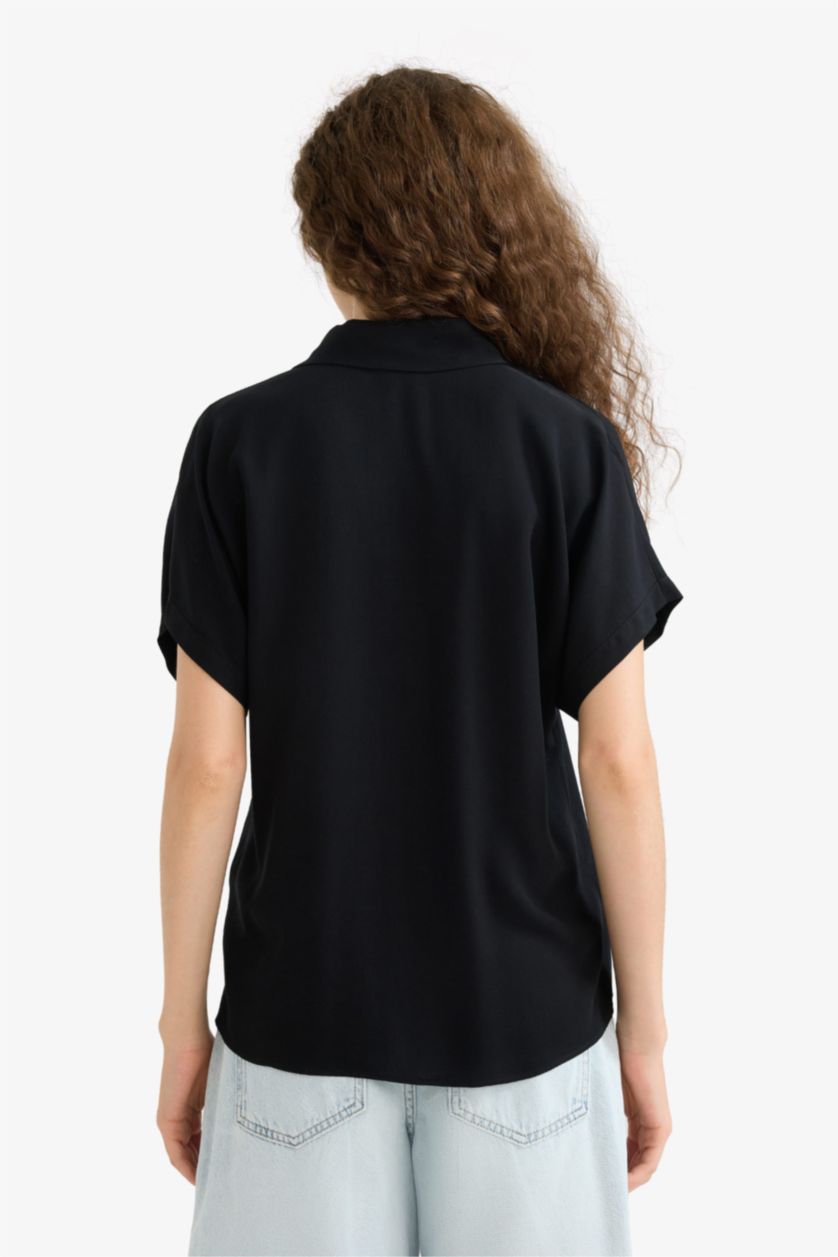 WOMAN Black Regular Fit Shirt Collar Viscose Short Sleeve Shirt