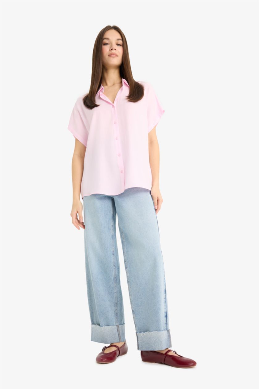 WOMAN Pink Regular Fit Viscose Short Sleeve Shirt