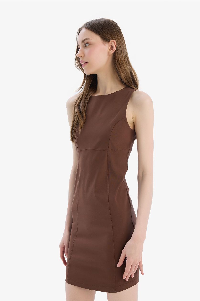 Kadın Kahve Bodycon Vücudu Saran Bisiklet Yaka Bengalin Kolsuz Mini Elbise