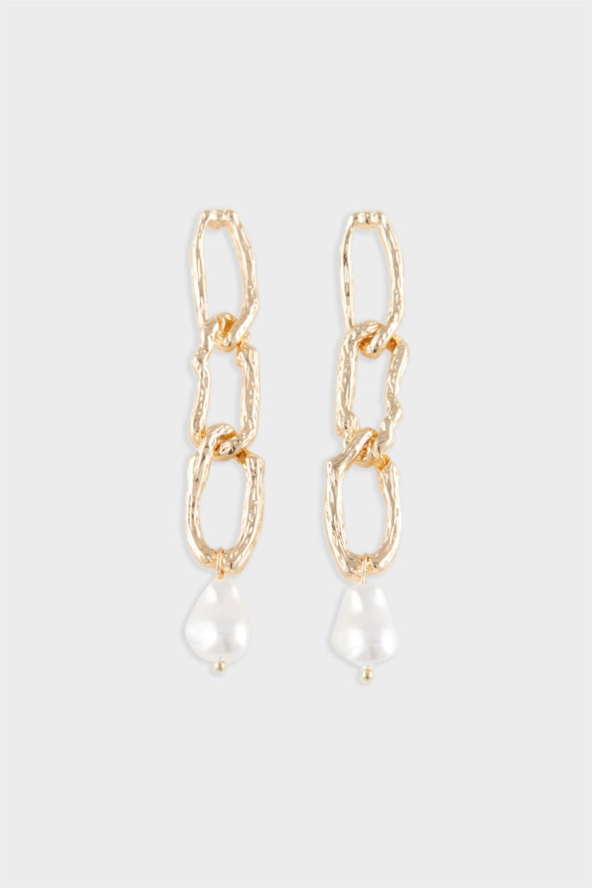 Kadın Altın Kadın İncili Zincir Detaylı Küpe