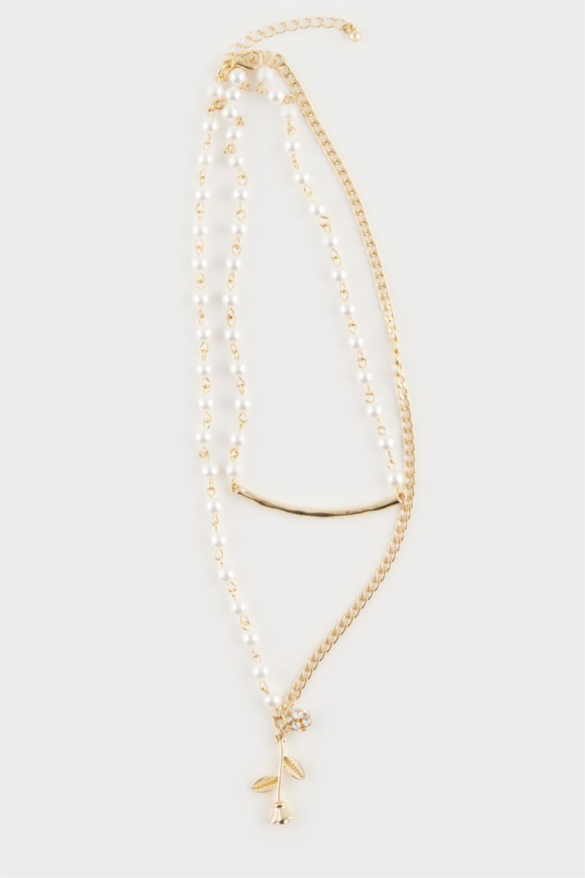 WOMAN Altın Woman Pearl Detailed Chain 2 Piece Necklace