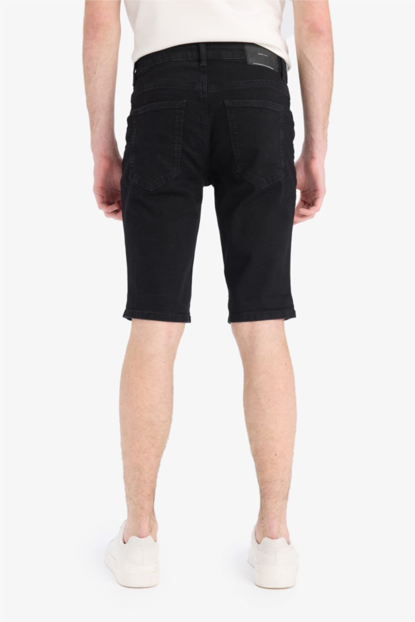 Erkek Siyah Slim Fit Dar Kesim Jean Bermuda Şort