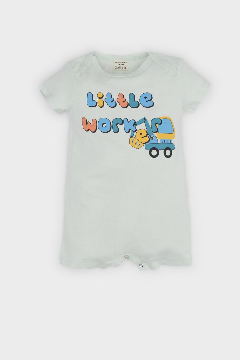 Erkek Bebek Deniz Mavisi Araç Baskılı Penye Kısa Kollu Tulum Erkek Bebek Yenidoğan