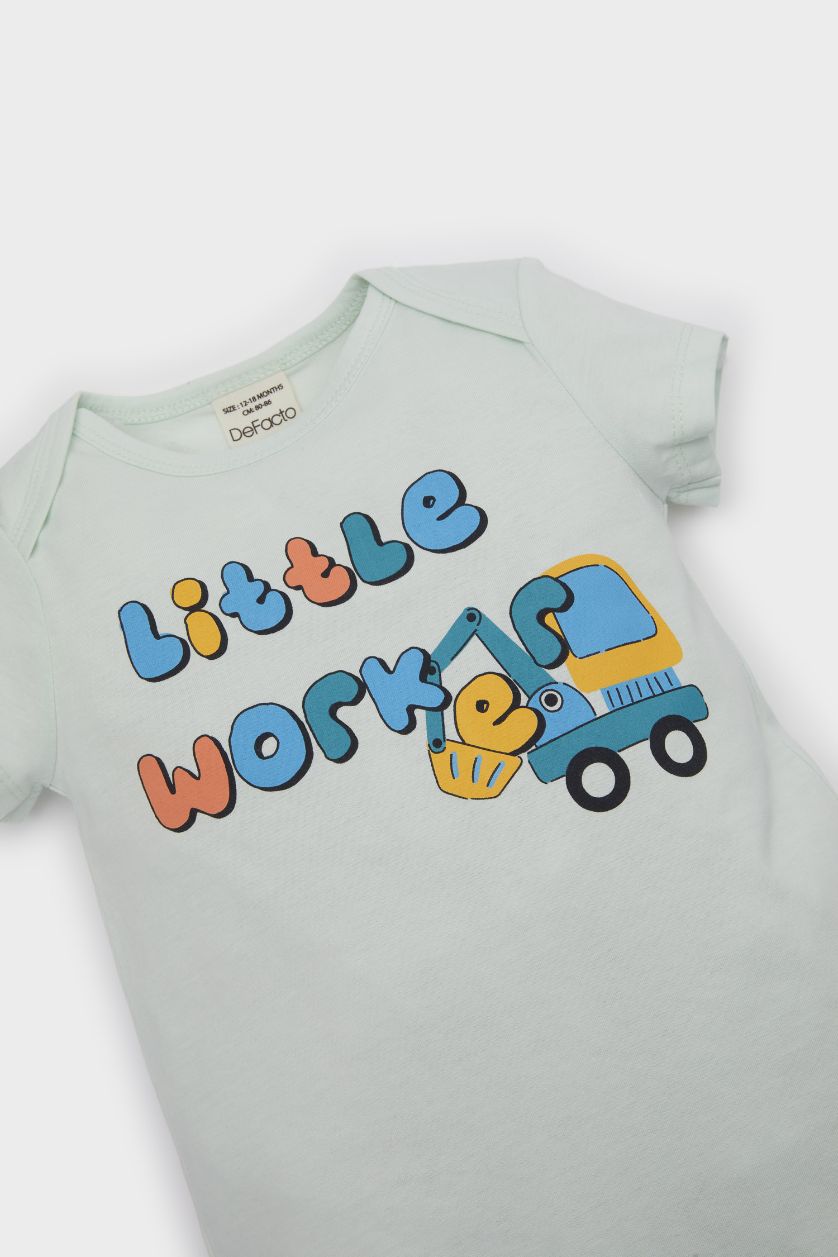 Erkek Bebek Deniz Mavisi Araç Baskılı Penye Kısa Kollu Tulum Erkek Bebek Yenidoğan