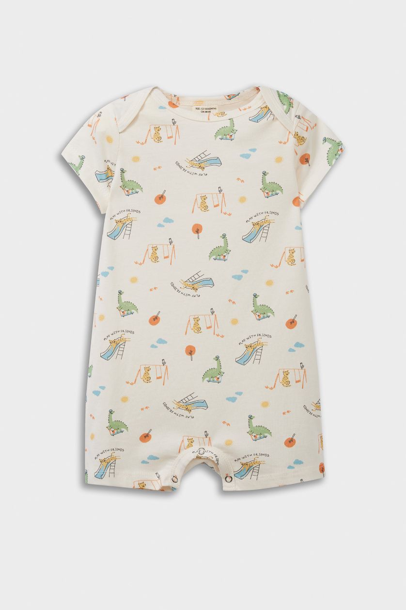 Erkek Bebek Açık Turuncu Desenli Penye 2'li Kısa Kollu Tulum Erkek Bebek Yenidoğan