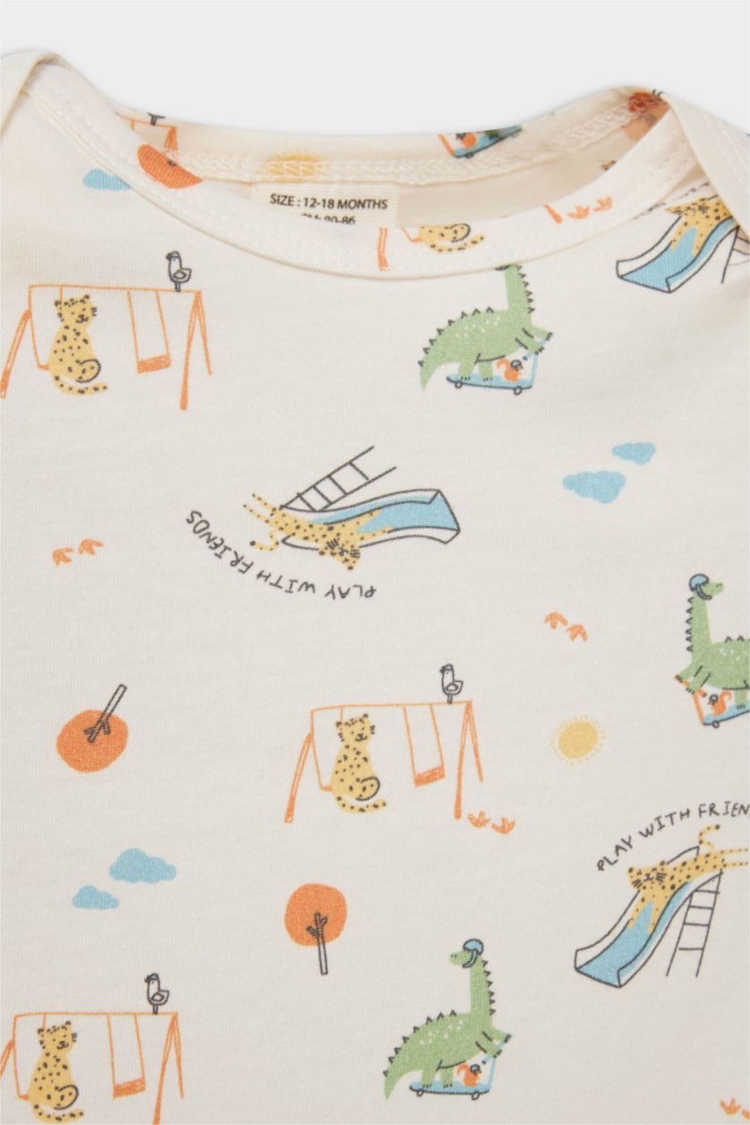 Erkek Bebek Açık Turuncu Desenli Penye 2'li Kısa Kollu Tulum Erkek Bebek Yenidoğan