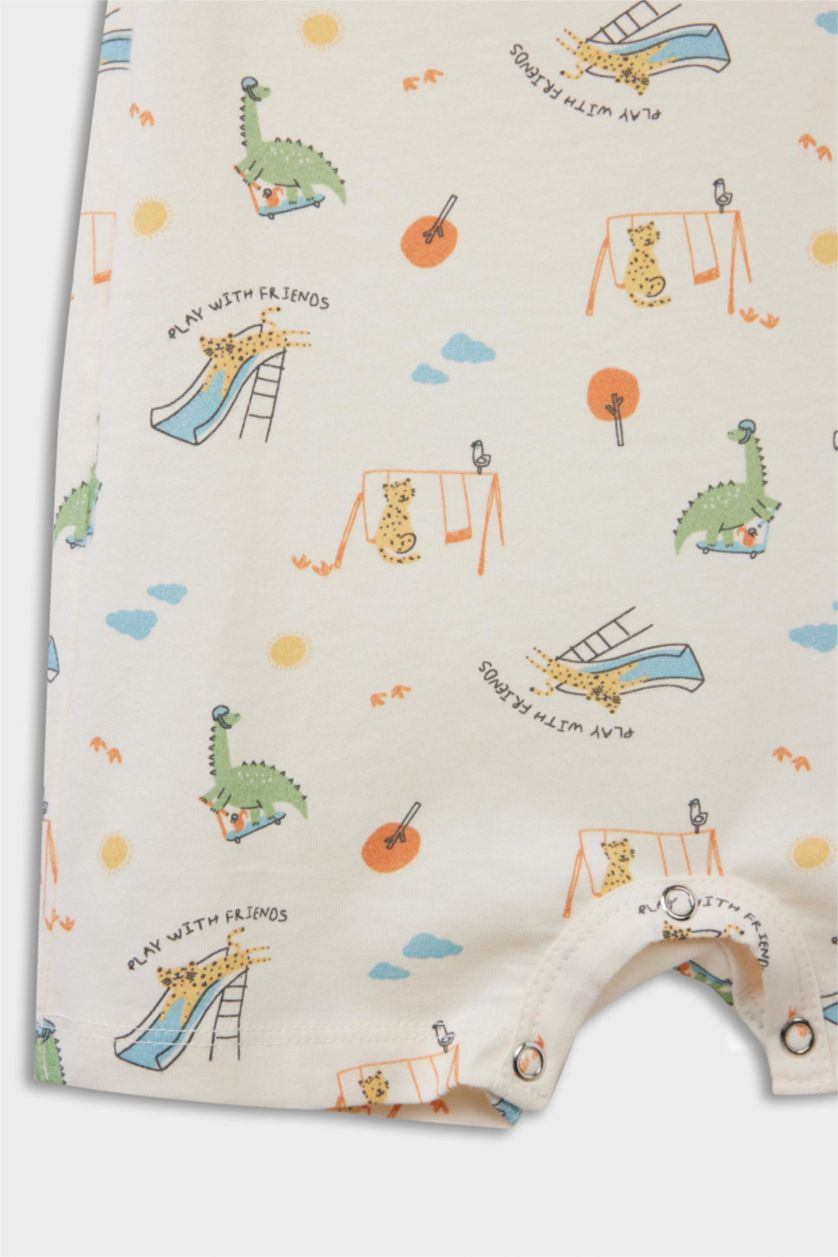 Erkek Bebek Açık Turuncu Desenli Penye 2'li Kısa Kollu Tulum Erkek Bebek Yenidoğan