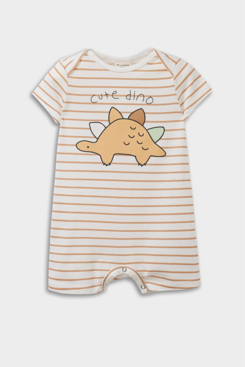 Erkek Bebek Kırık Beyaz Dinozor Baskılı Penye Kısa Kollu Tulum Erkek Bebek Yenidoğan