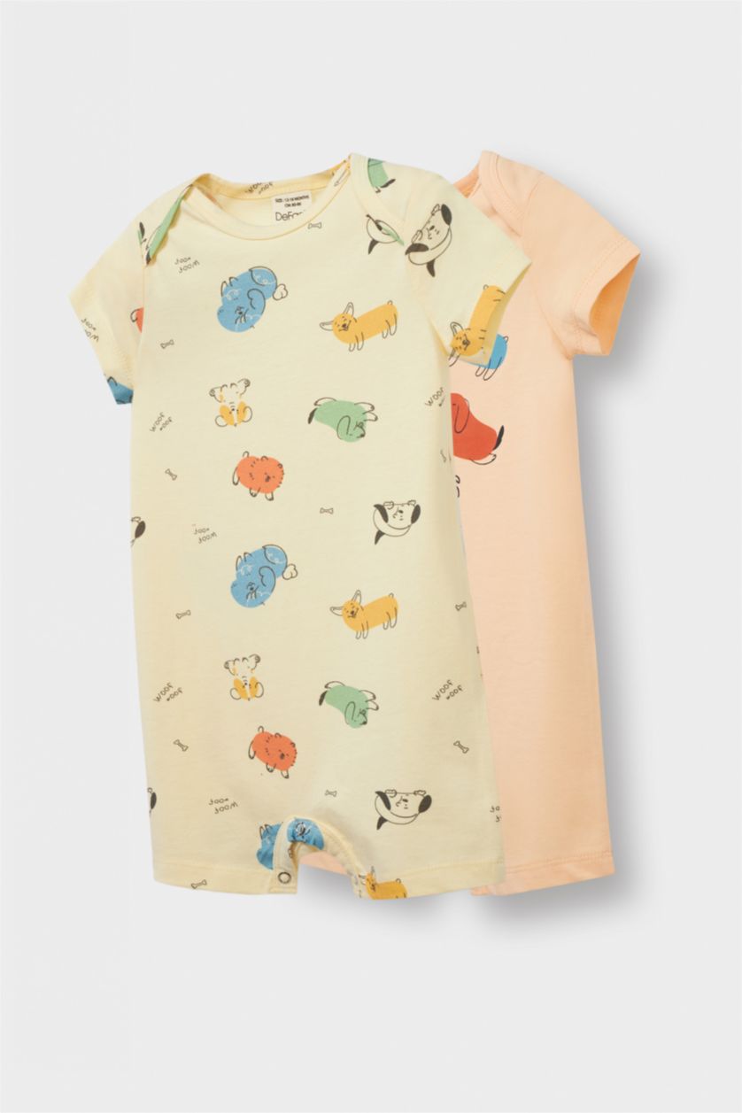 Erkek Bebek Açık Somon Hayvan Desenli Penye 2'li Kısa Kollu Tulum Erkek Bebek Yenidoğan