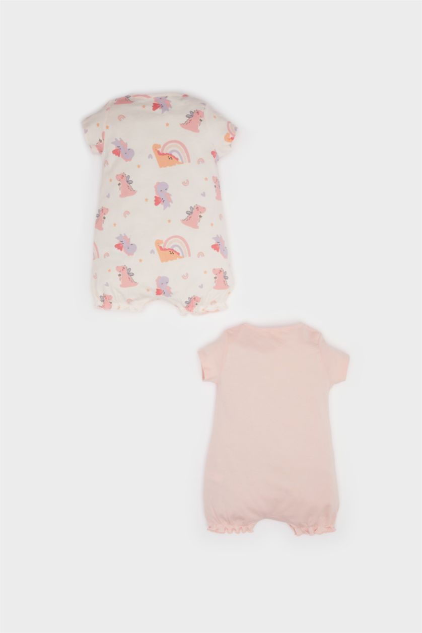 Kız Bebek Koyu Pembe Dinozor Baskılı Penye 2'li Kısa Kollu Tulum Kız Bebek Yenidoğan