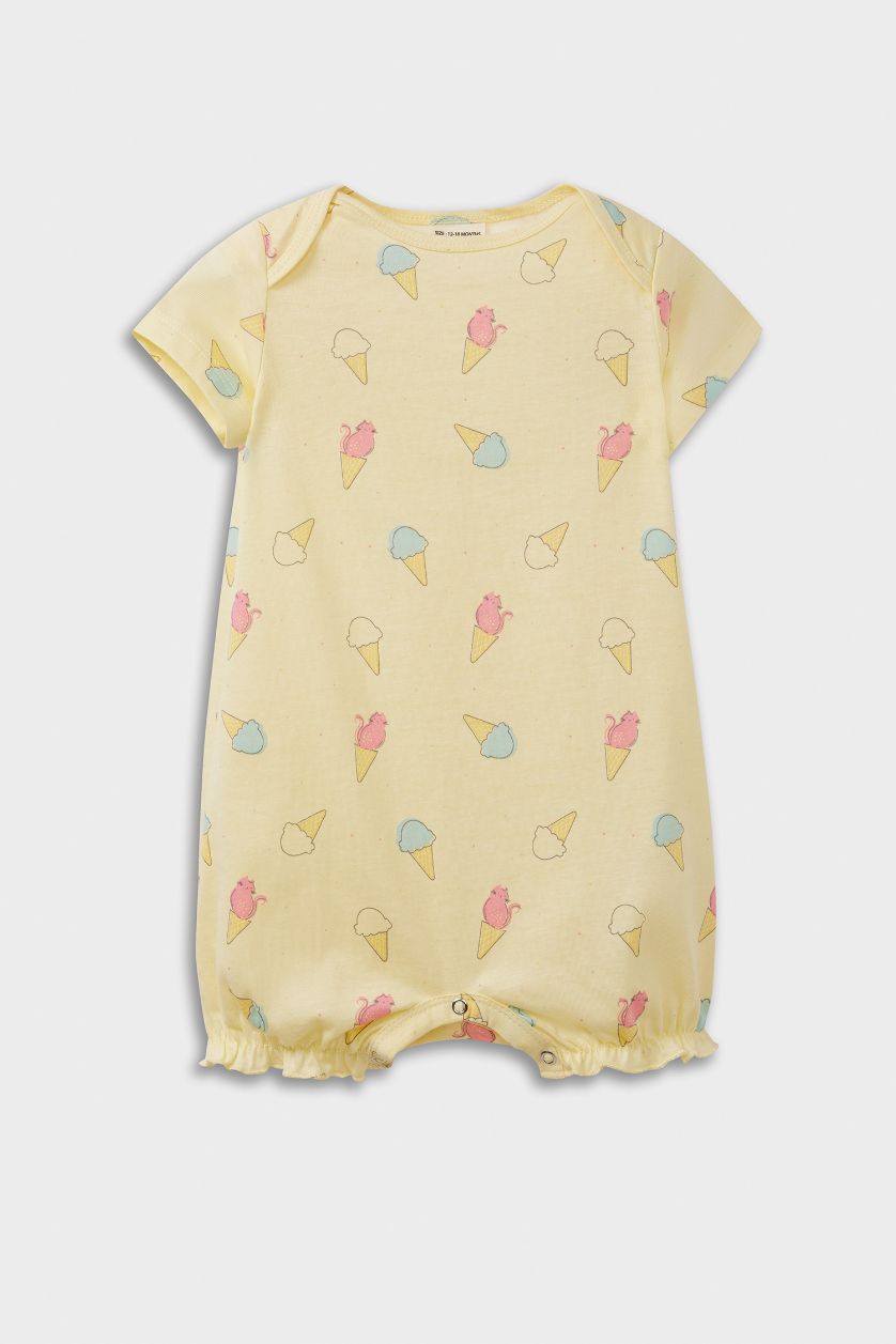 BABY GIRL Light Yellow Baby Girl Newborn Ice Cream Printed Cotton Jumpsuit