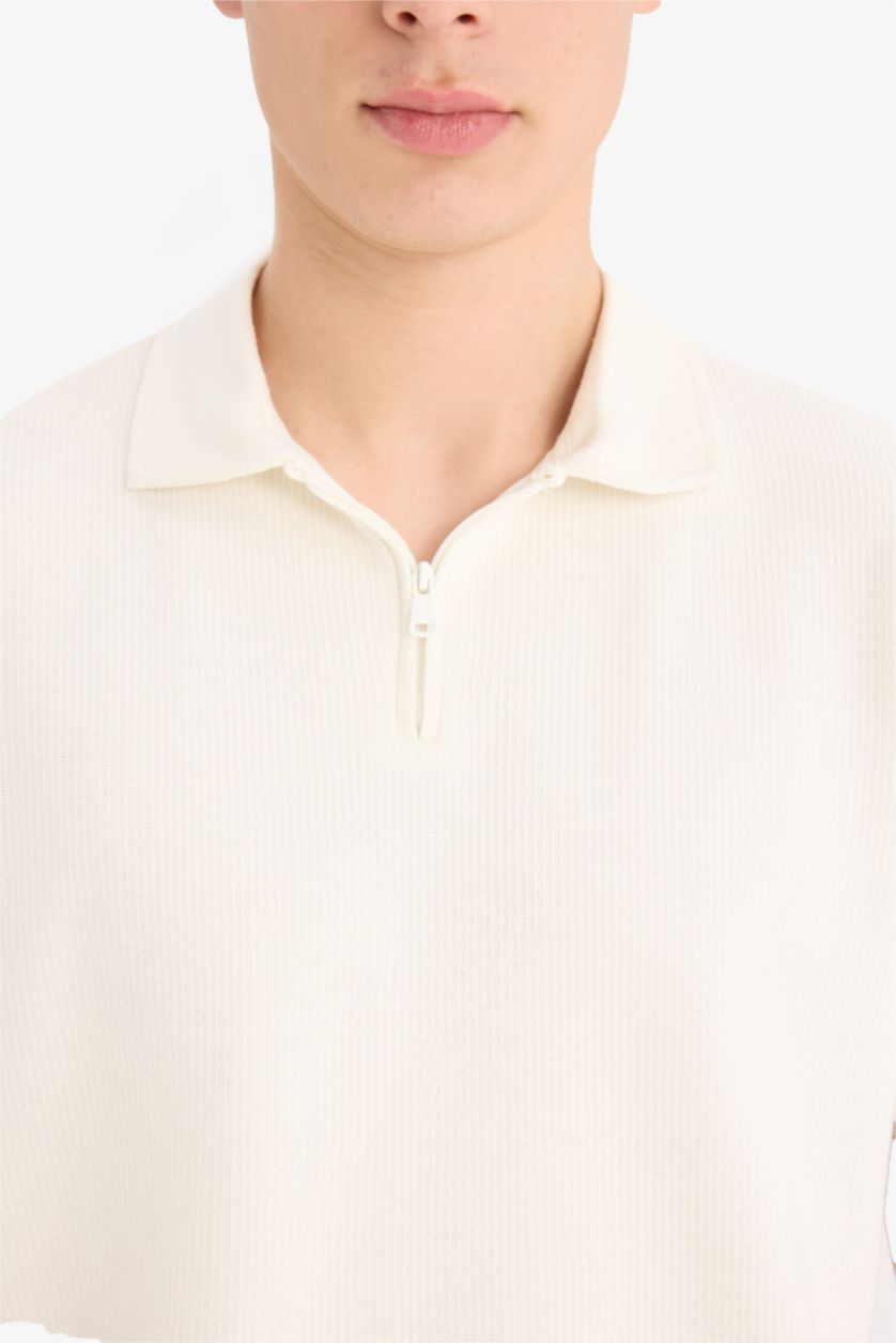 Erkek Ekru Regular Fit Polo Yaka Kısa Kollu Dokulu Tişört