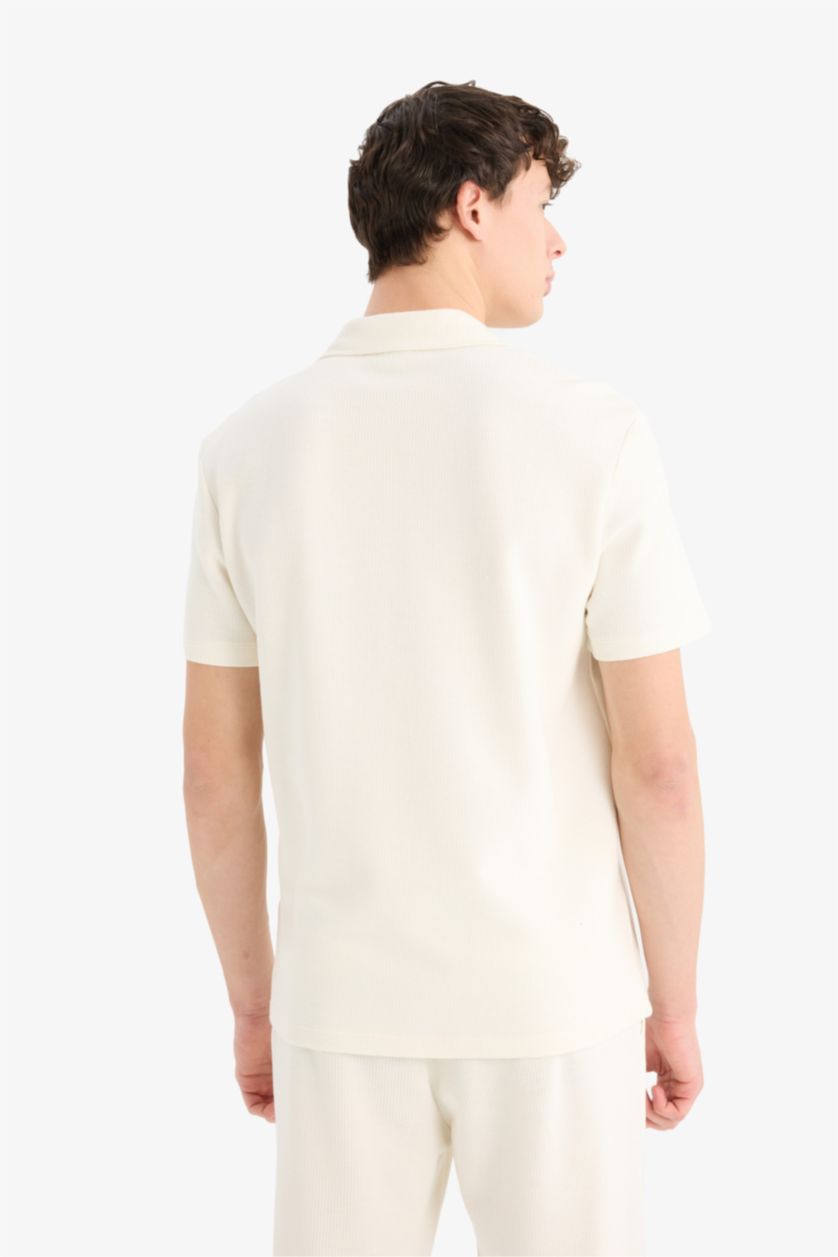 Erkek Ekru Regular Fit Polo Yaka Kısa Kollu Dokulu Tişört
