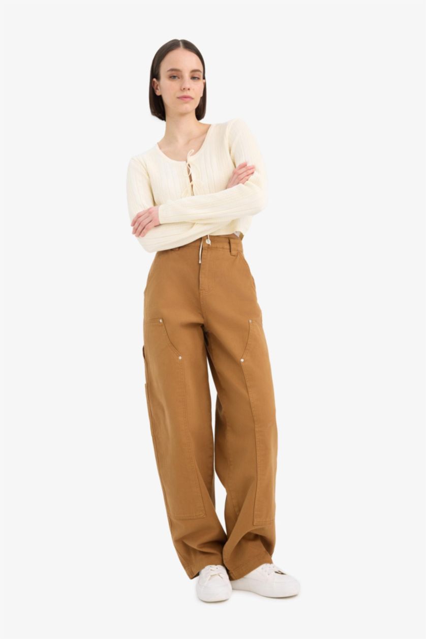 Kadın Camel Baggy Fit Gabardin Pantolon Cepli Normal Bel