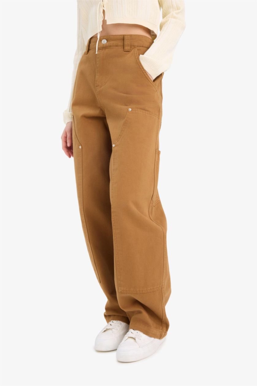 Kadın Camel Baggy Fit Gabardin Pantolon Cepli Normal Bel