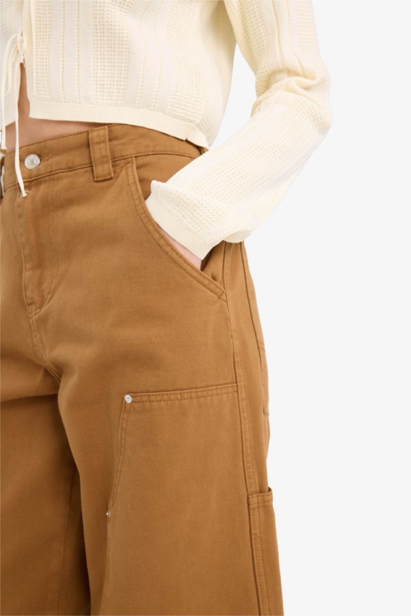 Kadın Camel Baggy Fit Gabardin Pantolon Cepli Normal Bel