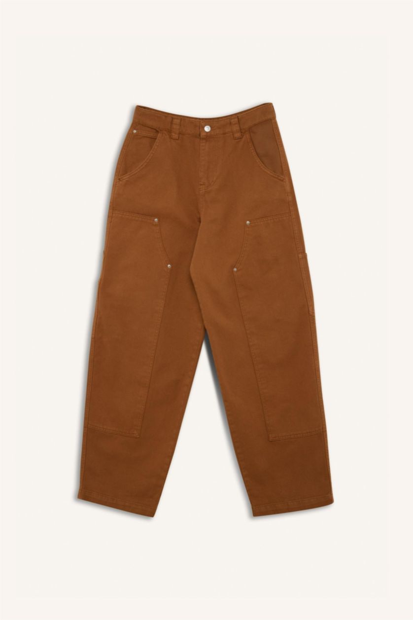 Kadın Camel Baggy Fit Gabardin Pantolon Cepli Normal Bel