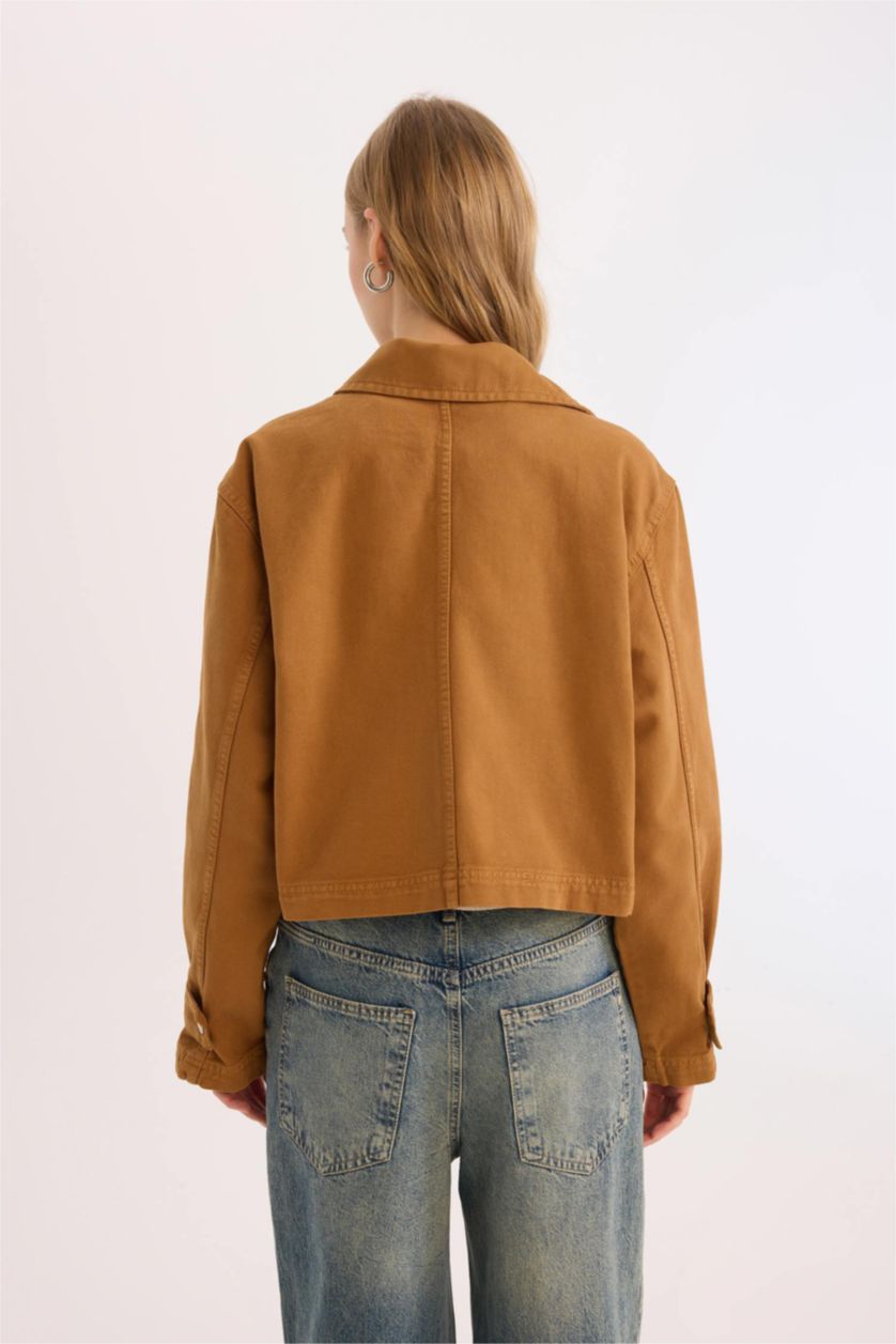 Kadın Camel Crop Dik Yaka Fermuarlı Cepli Gabardin Ceket