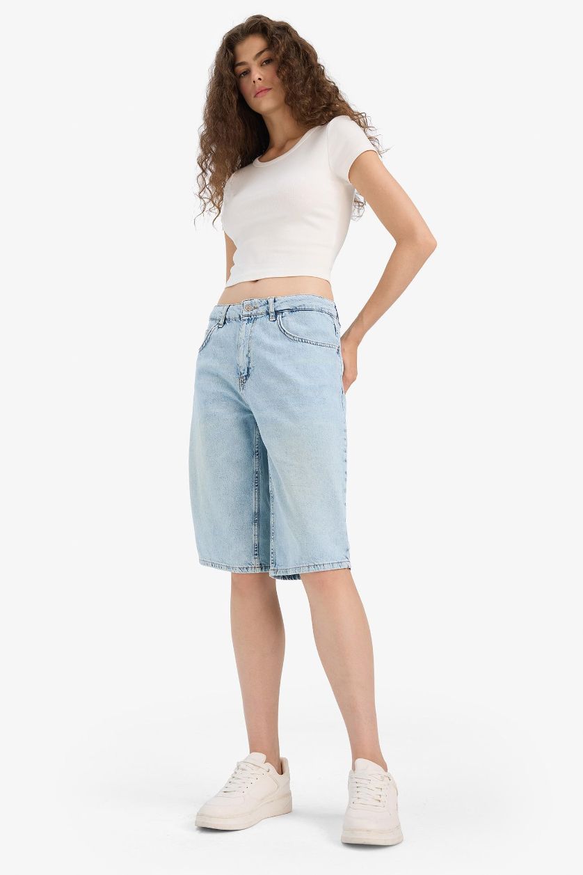 Woman Blue High Waist Denim Bermuda Shorts