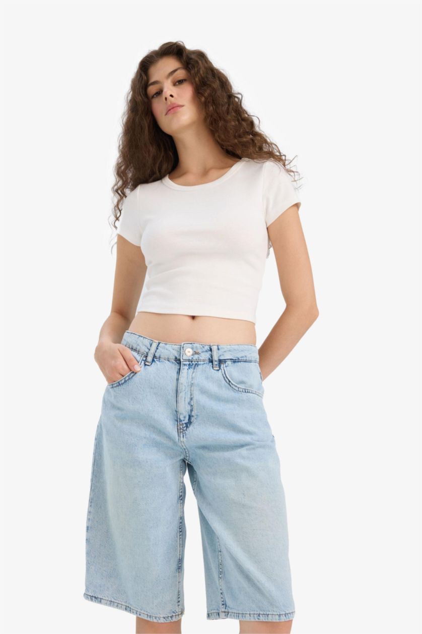 Woman Blue High Waist Denim Bermuda Shorts
