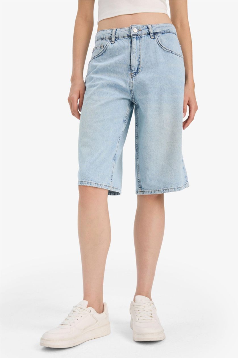 Woman Blue High Waist Denim Bermuda Shorts