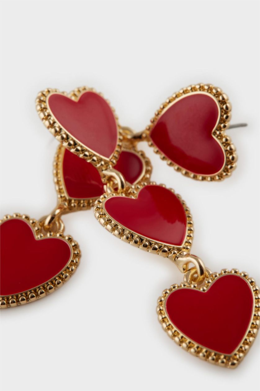 Kadın Kırmızı Kadın Kalp Desenli Sallantılı Küpe