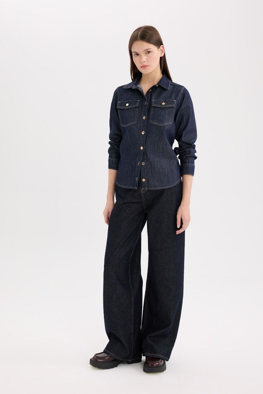 نساء أزرق غامق قميص جينز قصة عادية بأزرار