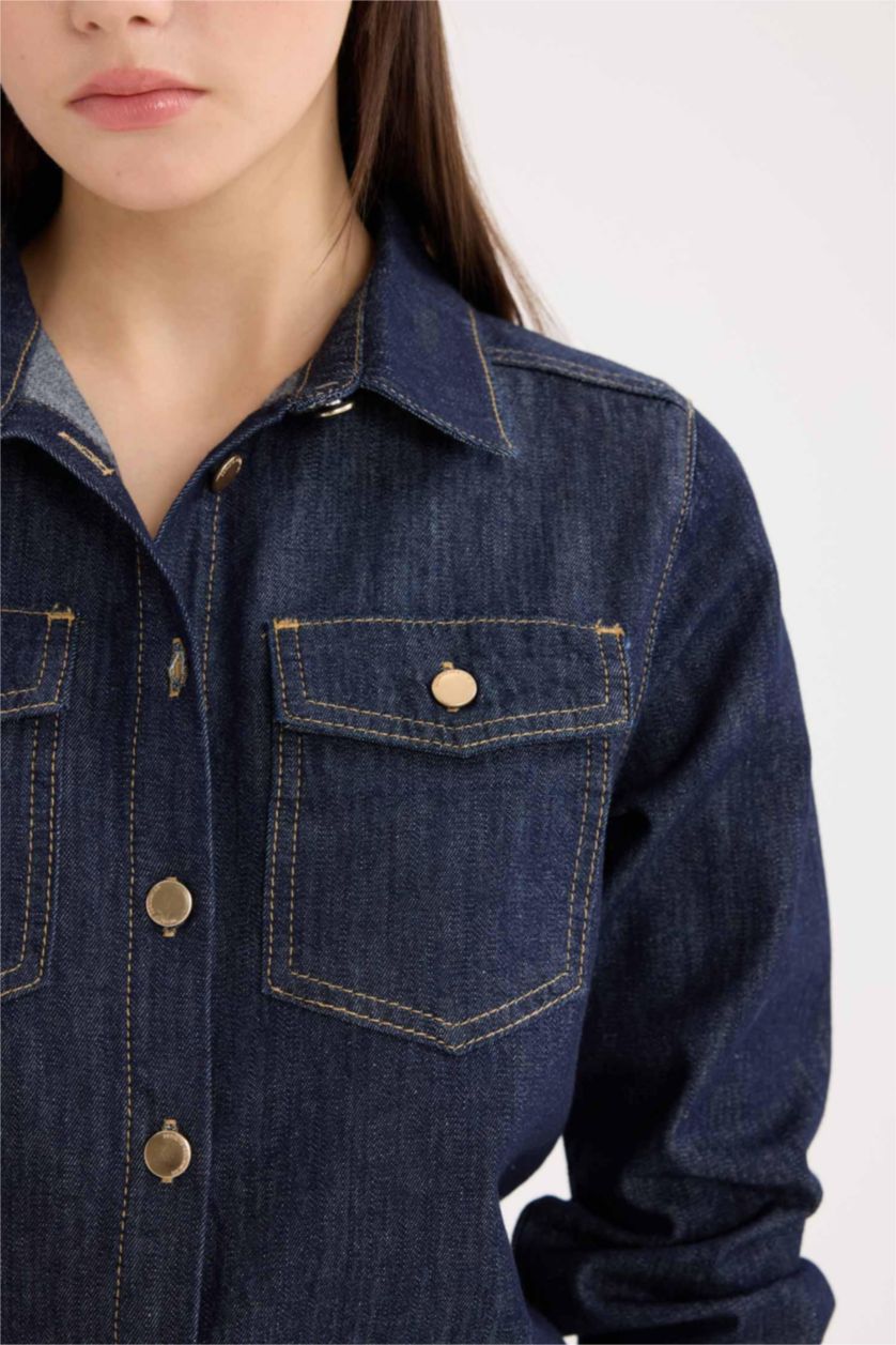 نساء أزرق غامق قميص جينز قصة عادية بأزرار