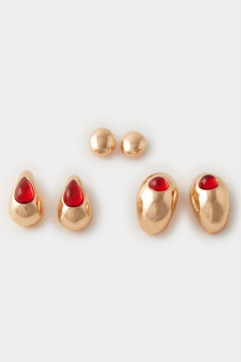 WOMAN Altın Woman 3 Piece Red Stone Earrings