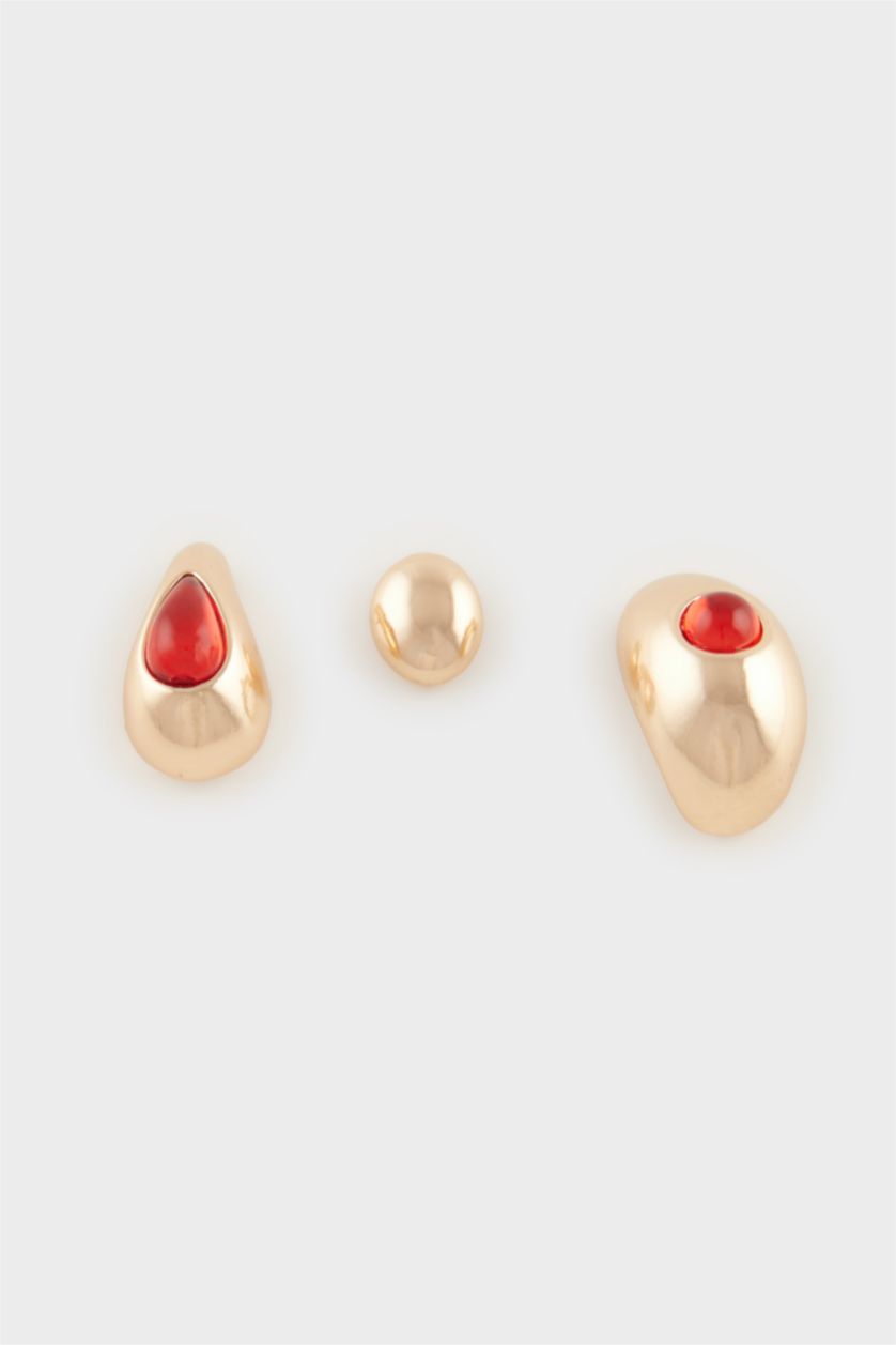 WOMAN Altın Woman 3 Piece Red Stone Earrings