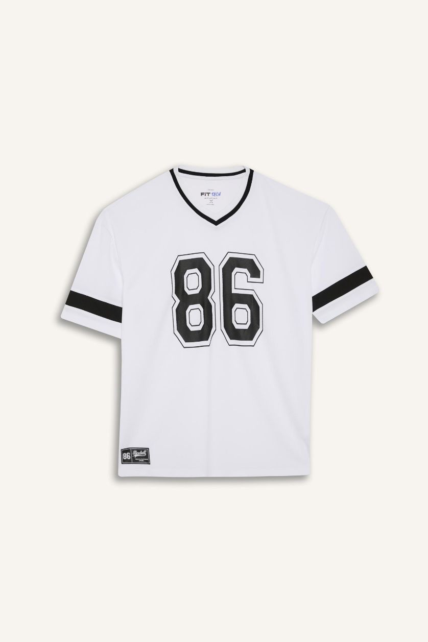 Erkek Beyaz Hızlı Kuruyan Oversize Geniş Kalıp V Yaka Baskılı Sporcu Kısa Kollu Tişört