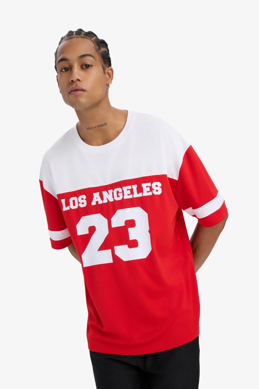 Erkek Kırmızı Hızlı Kuruyan Oversize Geniş Kalıp Bisiklet Yaka Baskılı Sporcu Kısa Kollu Tişört