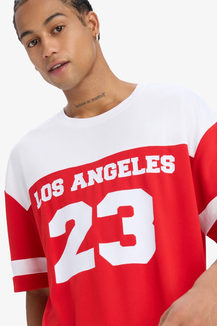 Erkek Kırmızı Hızlı Kuruyan Oversize Geniş Kalıp Bisiklet Yaka Baskılı Sporcu Kısa Kollu Tişört