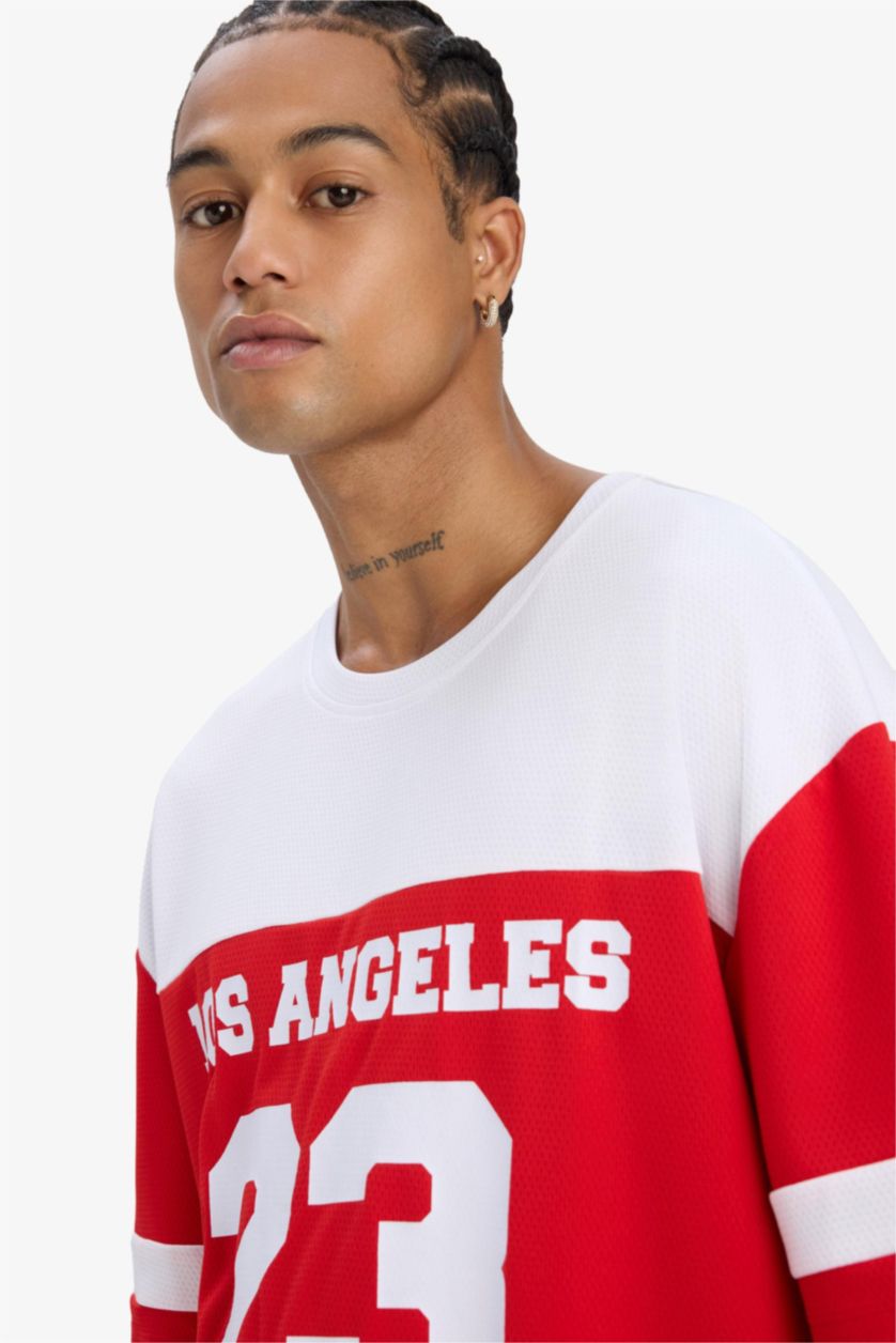 Erkek Kırmızı Hızlı Kuruyan Oversize Geniş Kalıp Bisiklet Yaka Baskılı Sporcu Kısa Kollu Tişört