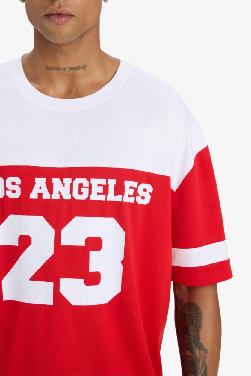 Erkek Kırmızı Hızlı Kuruyan Oversize Geniş Kalıp Bisiklet Yaka Baskılı Sporcu Kısa Kollu Tişört