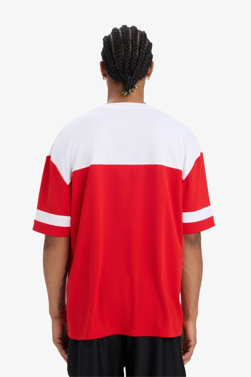Erkek Kırmızı Hızlı Kuruyan Oversize Geniş Kalıp Bisiklet Yaka Baskılı Sporcu Kısa Kollu Tişört