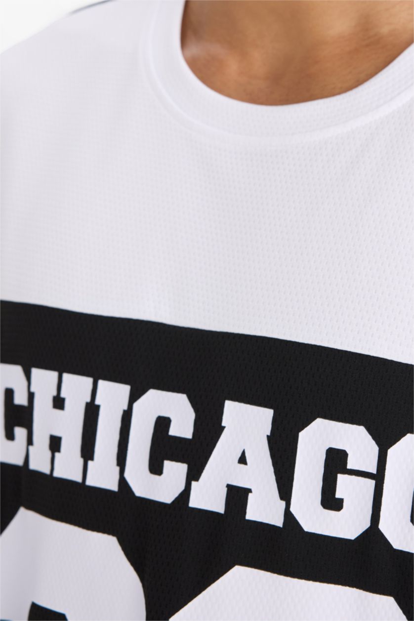 Erkek Siyah Hızlı Kuruyan Oversize Geniş Kalıp Bisiklet Yaka Baskılı Sporcu Kısa Kollu Tişört